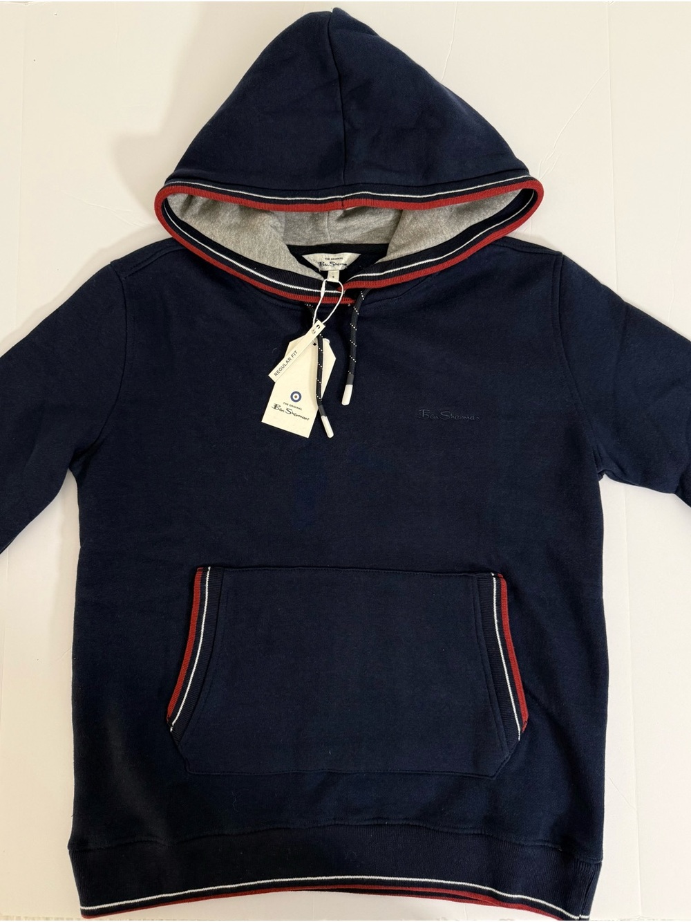 Ben Sherman Navy Hooded Pullover Sweater Red White Trim Men’s Small NWT